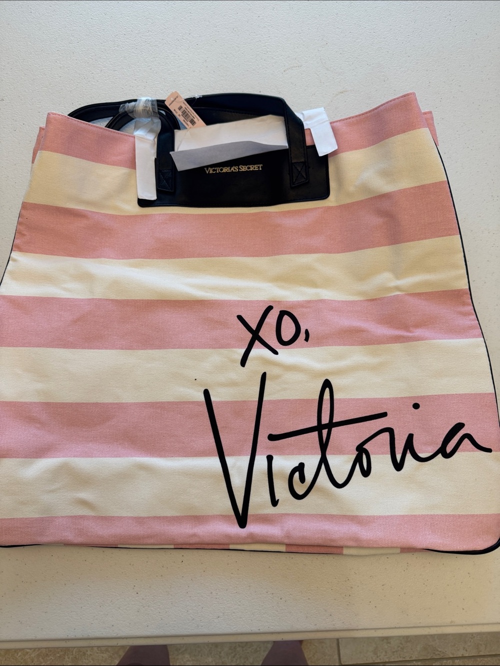 Victoria's Secret Pink and Cream Striped Tote with Black Trim